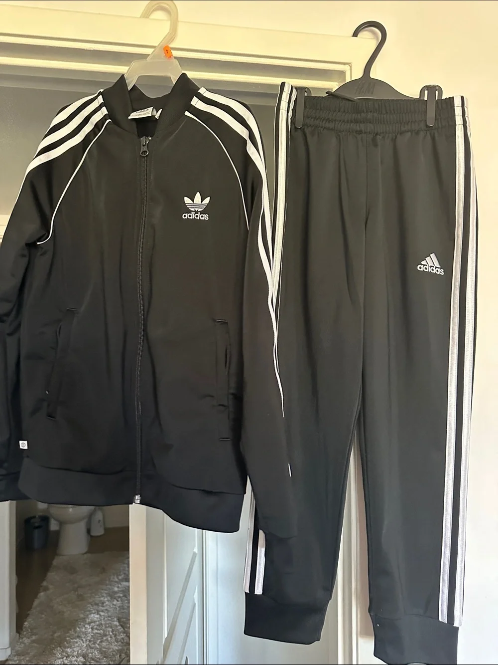 adidas Black Track Jacket and Pants Set with White Stripes